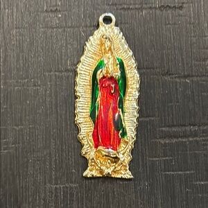 Virgin Mary Gold and Red Religious Enamel Pendant